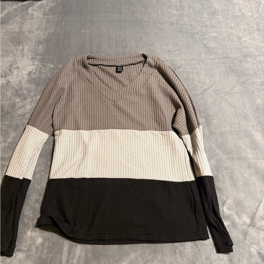 SHEIN Women's V-Neck Colorblock Sweater - Black, Gray, Cream